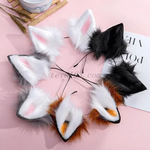 Vista 2 de Diadema de orejas de lobo peludas, orejas de zorro, gato, adorable aro de pelo de animal de peluche, kawaii, anime, cosplay, Navidad, Halloween (1)