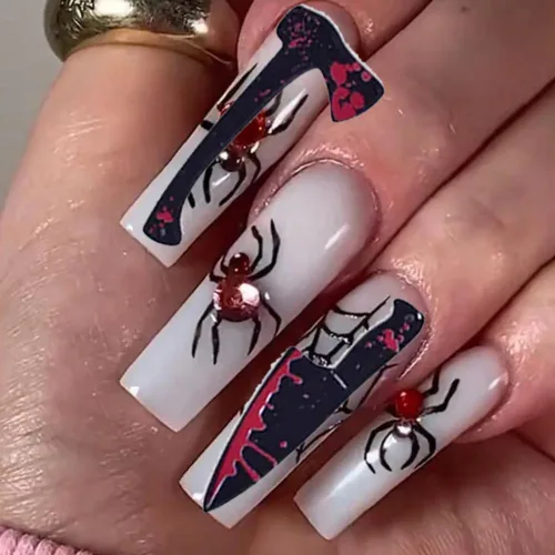 Vista 8 de 12 dijes de uñas de Halloween para uñas acrílicas, cuchillo de sangre de terror 3D, tijeras, hacha, dijes de Halloween para uñas, cuchillos 12