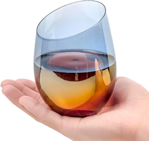 Vista 6 de MyGift Copas de vino modernas de 14 onzas sin tallo de vidrio azul iridiscente con borde en ángulo, cristalería transparente con tinte de brillo
