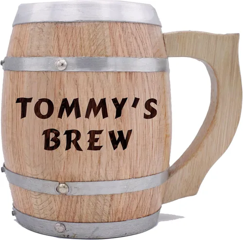 Vista 4 de My Personal Memories Taza de cerveza personalizada con barril de madera de roble de 24 onzas con asa e interior de acero inoxidable
