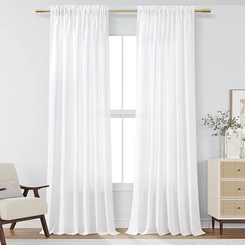 Vista 96 de Cortinas de lino verde aguamarina de 84 pulgadas de largo, juego de 2 paneles semitransparentes con bolsillo para barra para comedor, decoración