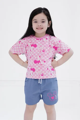 Vista 15 de Disney Minnie Mouse - Conjunto de camiseta floral arcoíris y pantalones cortos de cambray, tallas de bebé a niño grande (12 meses - 14-16)