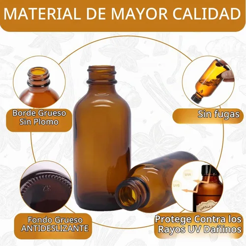 Vista 4 de Paquete de 6 botellas de vidrio ámbar de 2 onzas para extracto de vainilla, tarros redondos de vidrio marrón Boston a prueba de fugas con tapas