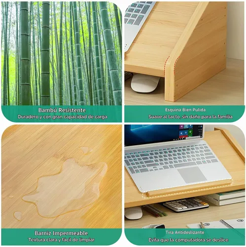 Vista 7 de Ufine Soporte de Bambú para Laptop de Escritorio con 3 Alturas Ajustables, Soporte para Notebook, Elevador de Monitor de Computadora con Estante