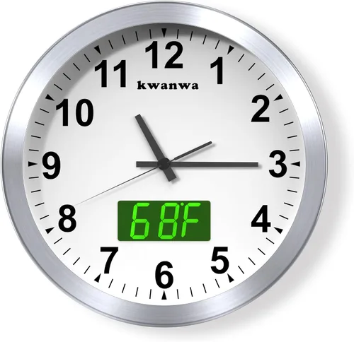 Vista 11 de Reloj de pared, con pantalla digital LED, silencioso sin tictac, de cuarzo de 12 pulgadas, funciona con pilas, reloj de pared analógico redondo Caja