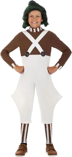 Vista 6 de Willy Wonka Oompa Loompa - Disfraz infantil con calentadores de piernas a rayas, uniforme de fábrica de chocolate, con licencia