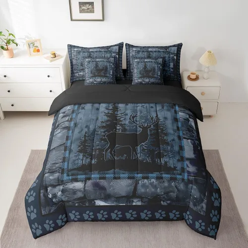 Vista 117 de Feelyou Juego de edredón de ciervo con sábanas – Tamaño Queen 7 piezas Juego de ropa de cama infantil de caza rústica – Cama de ciervo de cabaña