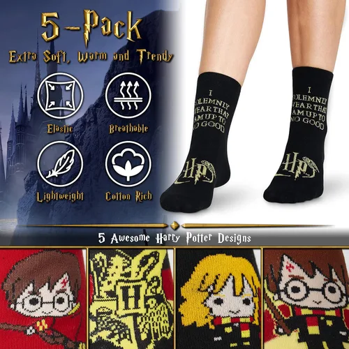 Vista 3 de Harry Potter Calcetines para mujer, 5 pares de calcetines para mujer, regalos, NegroRojo