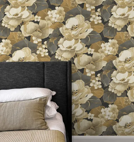 Vista 3 de NextWall Nouveau - Papel tapiz floral para despegar y pegar (ébano y oro antiguo)