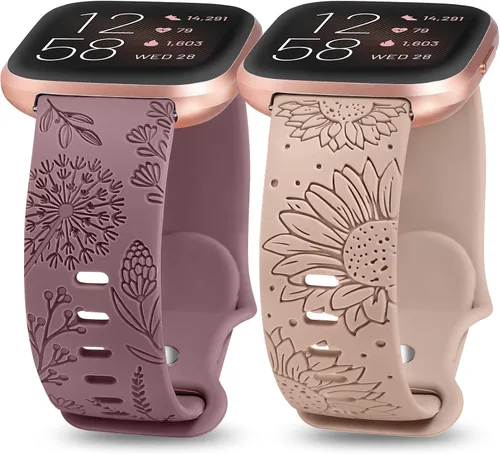 Vista 10 de Paquete de 2 correas con grabado floral compatibles con Fitbit Versa 2/Fitbit Versa/Versa Lite para mujeres, linda correa deportiva de silicona