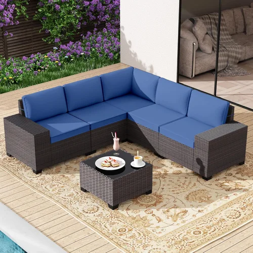 Vista 43 de Gotland Juego de muebles de patio de 6 piezas con 1 mesa auxiliar, 5 plazas de ratán seccional para exteriores con reposabrazos anchos de 29.5 Gris