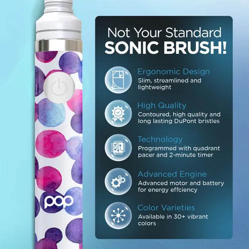 Vista 6 de Cepillo de dientes eléctrico Pop Sonic (burbuja morada) Paquete de 2 cabezales de repuesto - Cepillos de dientes de viaje con batería AAA Cepillos