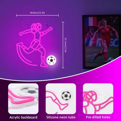 Vista 5 de Letrero de neón de fútbol de OkiyiD para niñas - Decoración de pared deportiva regulable con alimentación USB, regalos únicos para mujeres y niñas