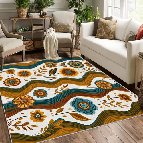 Vista 12 de YZO133 - Alfombra retro de los años 70, pequeña, lavable de 2 x 3 pulgadas, para entrada, diseño abstracto de ondas florales, decoración retro