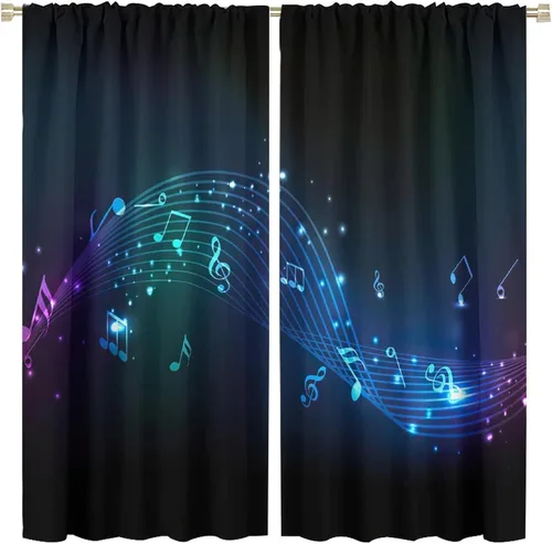 Vista 45 de Cortinas de notas musicales, blanco y negro, instrumento musical, canción, arte de canción, opacas, para ventana, dormitorio, sala de estar