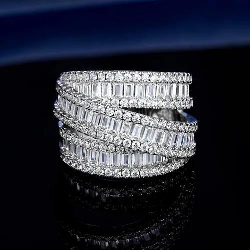 Vista 4 de OPOMOMO Eternity Ring Wedding Bands,18K Gold Plated 3 Rows Emerald Cut Lab Diamond Band Rings for Women Men