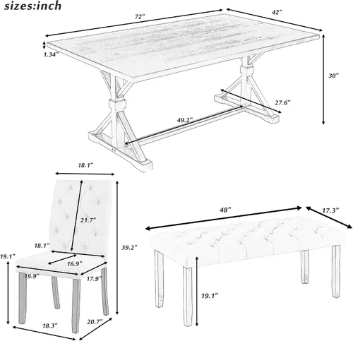 Vista 2 de Juego de mesa de comedor de 6 piezas, juego de comedor de madera con mesa rectangular de madera de 78 pulgadas, 4 sillas tapizadas y banco, juego
