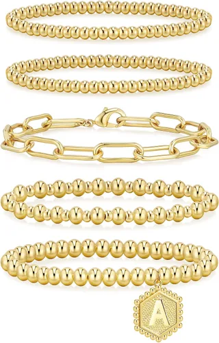 Vista 9 de adoyi - Pulseras de oro para mujer, impermeables, con cuentas de bolas chapadas en oro de 14K, pulseras ajustables apilables para regalos