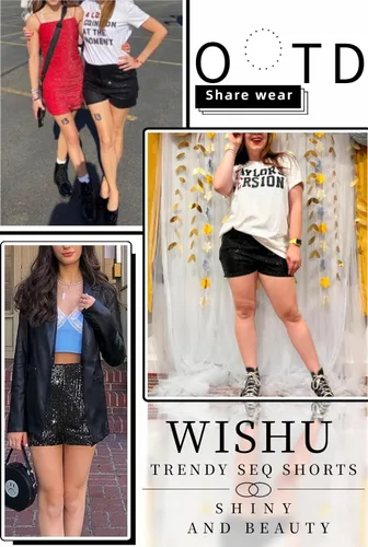 Vista 6 de Pantalones cortos de lentejuelas para mujer, de cintura alta, elásticos, pierna recta, brillantes, para fiesta, concierto, con purpurina