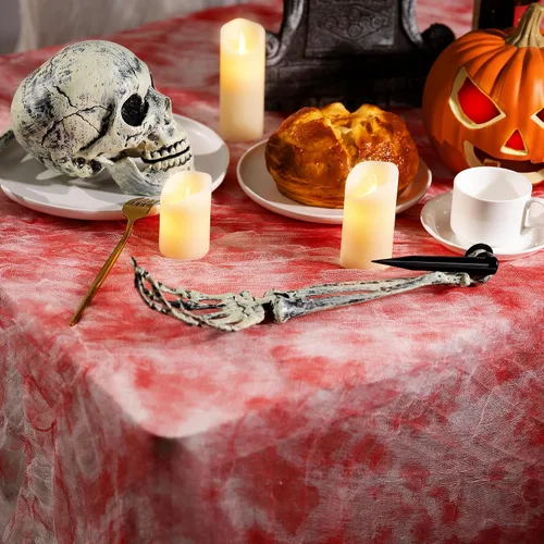 Vista 4 de 3 manteles rectangulares de gasa sangrienta de Halloween, 85 x 60 pulgadas, mantel rectangular con estampado de manos sangrientas, mantel de mesa