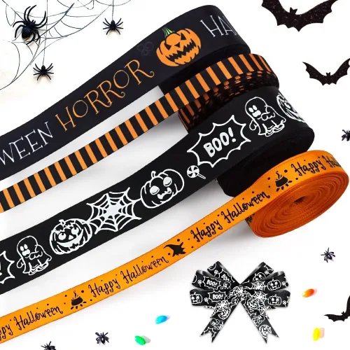 Vista 7 de Hying 6 cintas de calabaza de Halloween, 3/8 pulgadas de ancho de satén para manualidades en naranja y negro para envolver regalos y decoraciones