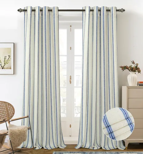 Vista 25 de DriftAway Cortinas opacas de mezcla de lino de granja de 90 pulgadas de largo para dormitorio, cortinas de lino con estampado de rayas verticales