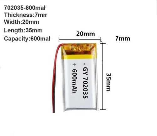 Vista 2 de Batería recargable de polímero Lipo 3.7V para pulsera inteligente LED luz (702035-600mah)
