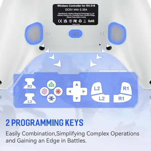 Vista 5 de Dinosoo Controlador con cable de 10 pies, almohadilla táctil múltiple y botones traseros para PS5/PS4/PC - Turbo, Macro, conector de 0.1 in (blanco)