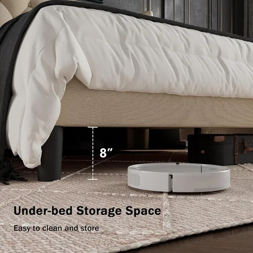 Vista 5 de GalnFu Base de cama tamaño full con cabecera capitoné con botones, base de cama plataforma tapizada con almacenamiento debajo de la cama, soportes