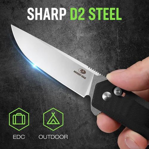 Vista 3 de MOSSY OAK Cuchillo plegable de bolsillo, hoja de 3.5 pulgadas de acero D2 con punta de caída, mango G10, cuchillo pequeño EDC con clip de cinturón