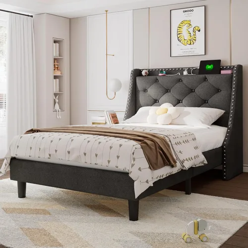 Vista 13 de Feonase - Base de cama tamaño completo con respaldo de alas de lujo y estación de carga rápida, base de cama tapizada con botones y cabecera