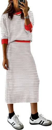 Vista 11 de PRETTYGARDEN - Conjunto de falda de suéter a rayas de 2 piezas para mujer Rayas de albaricoque