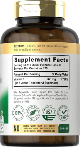 Vista 2 de Carlyle Dry Vitamin E 400 UI 120 Cápsulas D-Alpha Tocoferyl