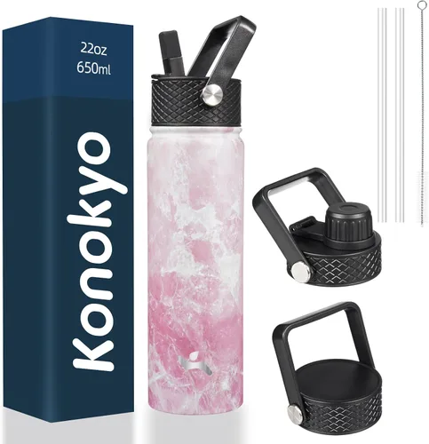 Vista 136 de Konokyo - Botella de agua aislada de 18 onzas, botellas deportivas de acero inoxidable con 3 tapas, verde militar