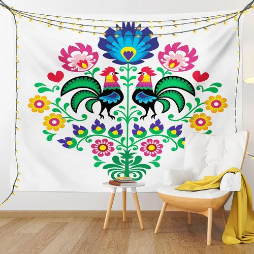 Vista 9 de Lunarable Tapiz Gallus, patrón pulido con gallos para jardín, feliz moda, celebración, primavera, eslava, Polonia, decoración para colgar