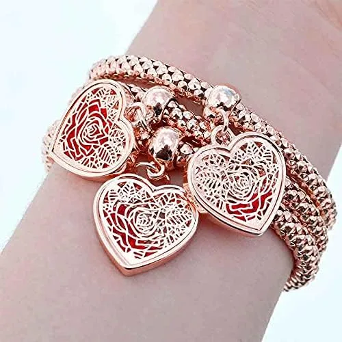 Vista 3 de SILANER Pulseras multicapa con dijes de cristal, 3 pulseras de cadena de maíz de oroplataoro rosa para mujer, pulsera elástica en forma de corazón