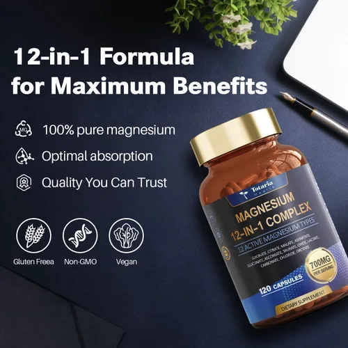 Vista 7 de Totaria Complejo de magnesio 700 mg 12 en 1 Suplemento de magnesio con citrato de glicinato óxido de malato taurato aspartato orotato relajación