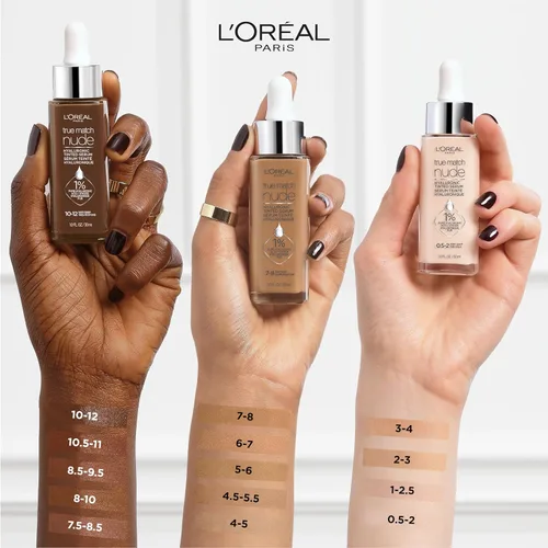 Vista 4 de L'Oreal Paris True Match Nude Hyaluronic Tinted Serum Foundation con 1% de ácido hialurónico, Cool Deep 7.5-8.5, 1 onza líquida