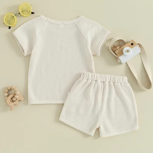 Vista 3 de Omkzanbi Conjunto de ropa de verano para bebé niño, camiseta de manga corta, pantalones cortos de punto gofre, 2 piezas, pantalones cortos