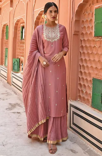 Vista 3 de Janasya Indian Rose Chinon - Kurta bordada con falda y Dupatta
