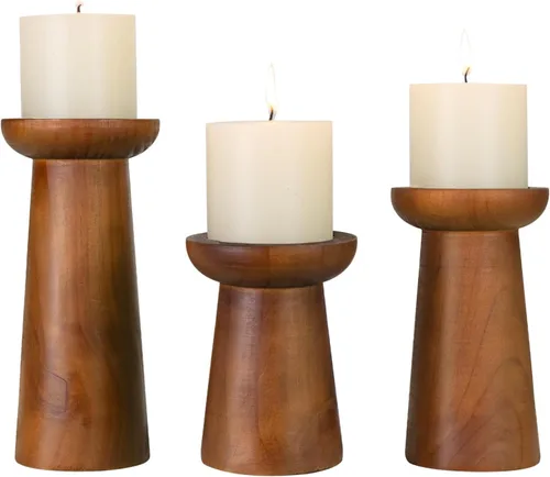 Vista 8 de Juego de 3 portavelas de pilar, portavelas de madera, portavelas decorativos de madera para sala de estar, centro de mesa para bodas, Navidad