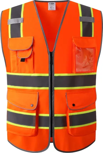 Vista 12 de JKSafety Chaleco de seguridad frontal con cremallera de alta visibilidad Clase 2 de 9 bolsillos con tiras reflectantes, cumple con las normas
