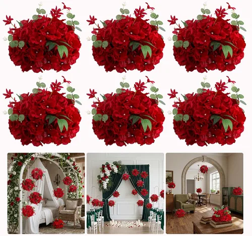 Vista 12 de Bolas de flores para mesas de boda, 6 piezas de flores artificiales rojas de 10.6 pulgadas para centros de mesa, arreglos de rosas falsas