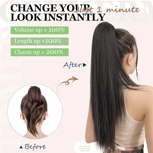 Vista 4 de Extensión de cola de caballo de 18 pulgadas, 20 pulgadas, larga, rizada, ondulada, recta, con clip, de aspecto natural, extensión de cabello
