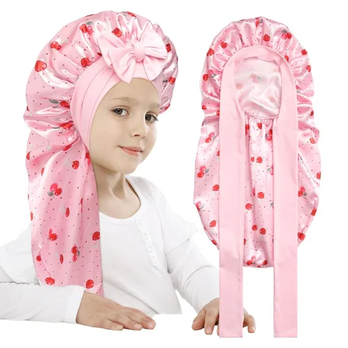 Vista 13 de AWAYTR Gorro de satén para niñas con trenzas de pelo largo para dormir Negro