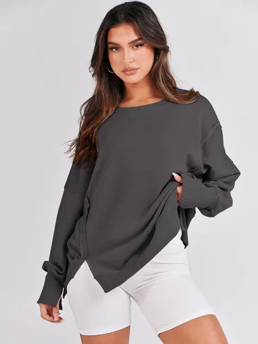 Vista 3 de ANRABESS Sudaderas de gran tamaño para mujer, con cuello redondo, manga larga, casuales y holgadas, con aberturas, ropa de otoño 2025