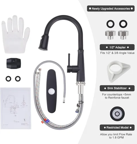 Vista 3 de WOWOW Grifos de cocina negro mate con rociador extraíble, grifo de fregadero de cocina de acero inoxidable para fregaderos de 1 o 3 agujeros, grifo