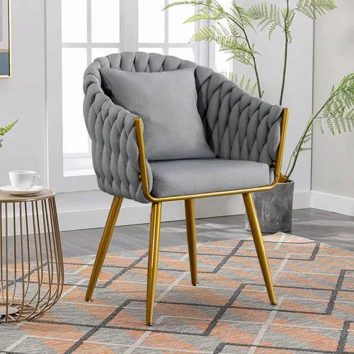 Vista 8 de BOSMILLER Sillas de comedor tejidas, modernas sillas de comedor con patas antideslizantes de metal dorado, respaldo alto curvado, silla de comedor