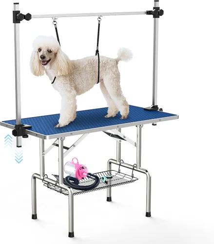Vista 9 de Lyromix Mesa de Aseo para Perros Grande de 36'', Escritorio de Secado para Gatos Ajustable con Brazos, Lazos, Bandeja de Malla, Estación Plegable