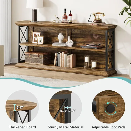 Vista 5 de Mesa de consola larga de 63 pulgadas con 3 niveles de almacenamiento para entrada, mesa de sofá de madera detrás del sofá para pasillo de sala